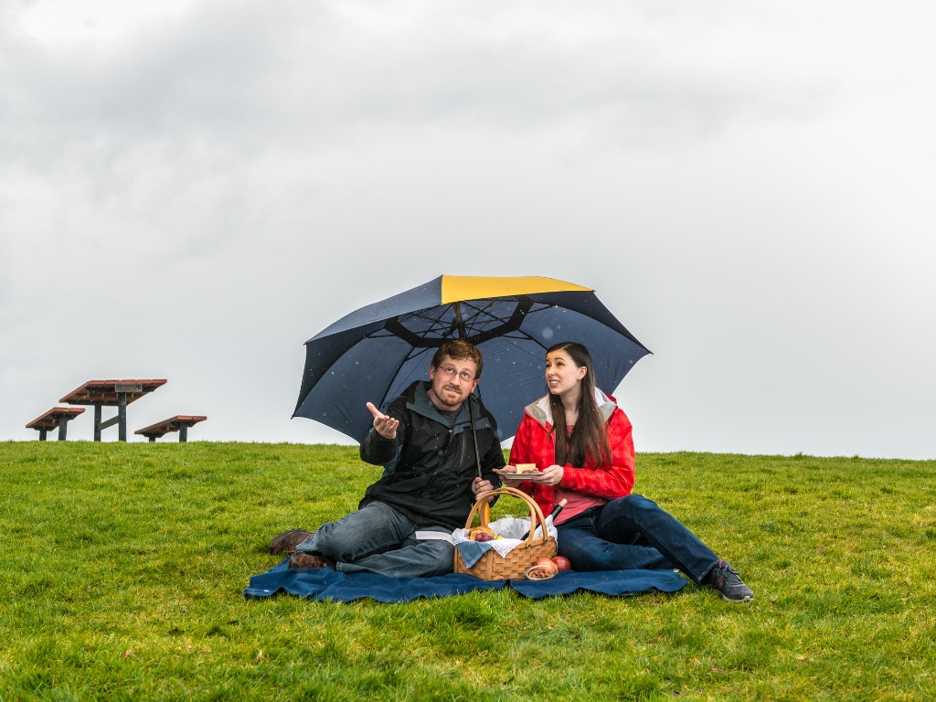 Zwei Personen machen ein Picknick auf einer Wiese im Regen, unter einem großen Regenschirm – Symbolbild für spontane Wetterumschwünge und flexible Planung.