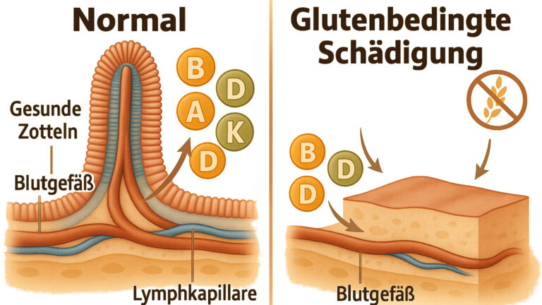 Das Bild zeigt wie die normale Vitaminaufnahme stattfindet, vs. die Vitaminaufnahme bei einer Person mit Glutenunverträglichkeit.
