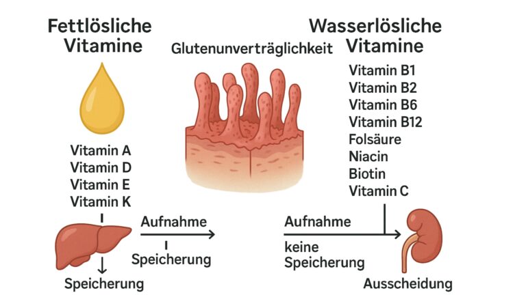 Das Bild zeigt wie verschiedene Vitamine aufgenommen werden von gesunden Personen. Dies könnte bei Menschen mit einer Glutenunverträglichkeit gestört sein.