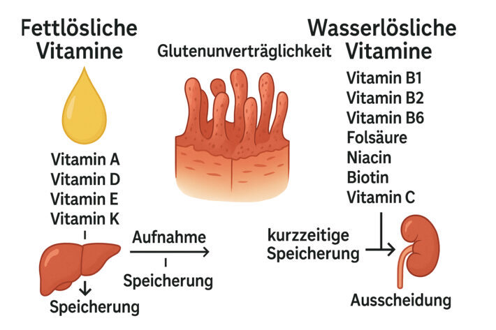 Das Bild zeigt wie verschiedene Vitamine aufgenommen werden von gesunden Personen. Dies könnte bei Menschen mit einer Glutenunverträglichkeit gestört sein.