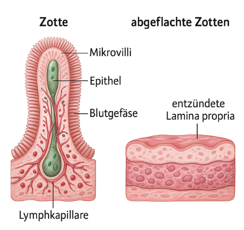 Auf dem Bild sieht man die Zotten einer normalen Darmschleimhaut, währenddessen auf der anderen Seite eine abgeflachte Zotte zu erkennen ist. So könnten die Zotten von einer Person mit Glutenunverträglichkeit aussehen.