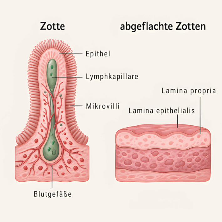 Auf dem Bild sieht man die Zotten einer normalen Darmschleimhaut, währenddessen auf der anderen Seite eine abgeflachte Zotte zu erkennen ist. So könnten die Zotten von einer Person mit Glutenunverträglichkeit aussehen.